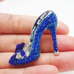 Vintage Blue Lady High-Heel Shoe Silver-plate Brooch Pin Rhinestone Crystal Fashion Luxury Female Party Breastpin Socialite Gift
