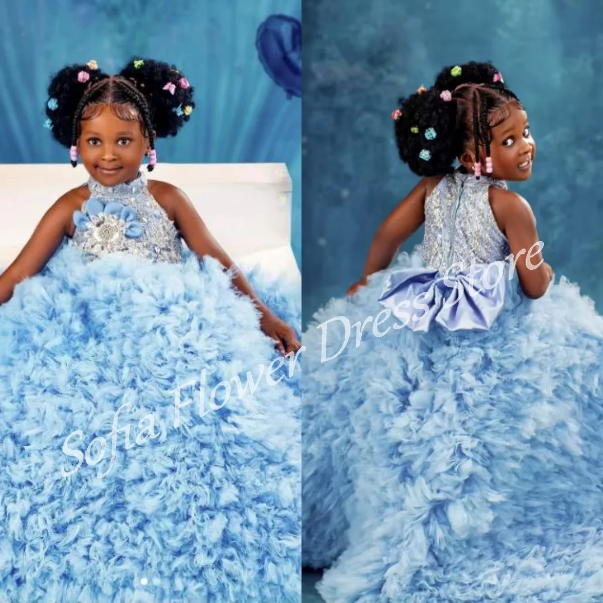 

Luxury Pleated Flower Girl Dress Blue Sequined A-Line Sleeveless Dress For Girls First Communion Birthday Party Gown Customized