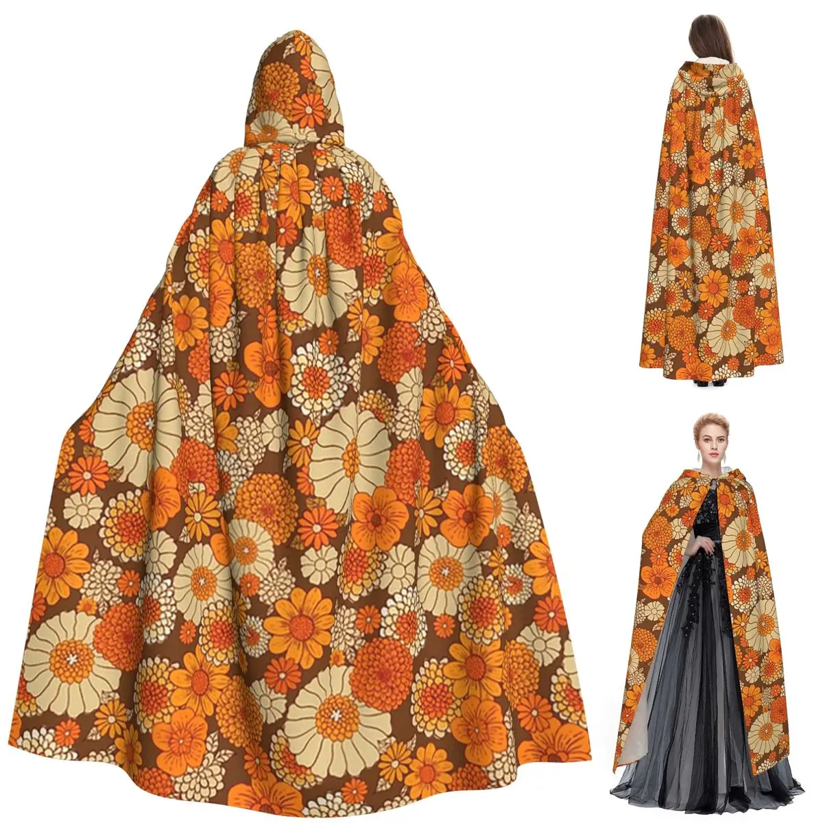 

70s Retro Daisies Vintage Flower Power Orange And Brown Boho LongHooded Cloak Witch Medieval Costume Cosplay Cape HalloweenParty