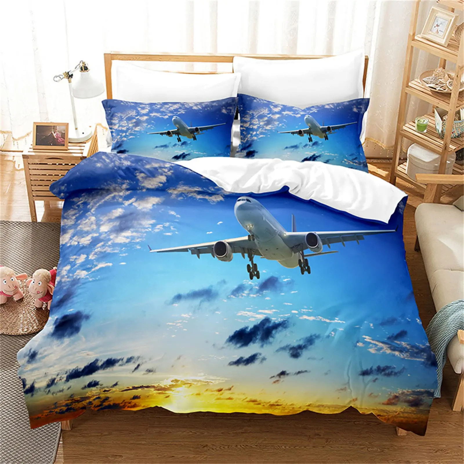 Kids Boys Airplane Duvet Cover Twin Queen Aviation Aircraft Runway Bedding Set Luxury Microfiber Plane Pattern Comforter Cover