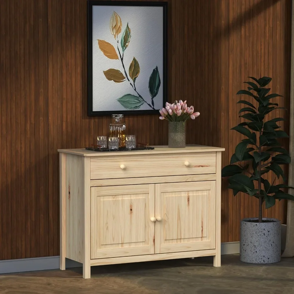 

Solid Wood Unfinished Sideboard Buffet Cabinet with Doors & Drawer - Adjustable Shelves, Multi-Purpose Storage for Dining Room