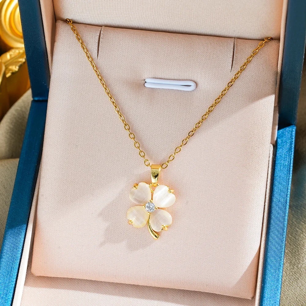 Слегка инкрустированная настоящим золотом кошачий глаз, четырехлистный цветок, модная женская костяная цепочка, ожерелье из титановой стали