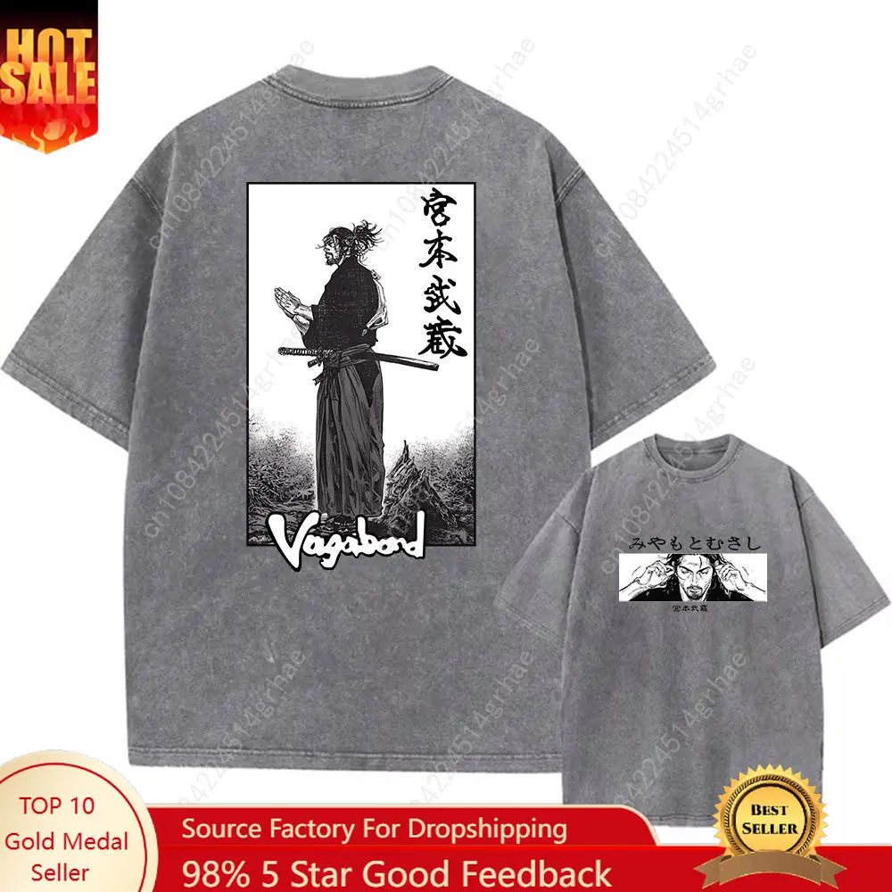 

Men Streetwear Tshirt Anime Vagabond Graphic Print Vintage Harajuku Washed Black T Shirt Men Summer Casual Cotton Loose Top Tee
