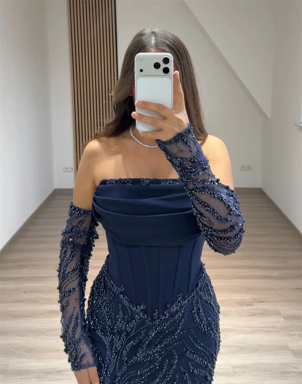 Cathy Customized Navy Blue Exquisite Lace Prom Dress Detachable Sleeves Mermaid vestidos de noiva Floor-length Evening Dresses