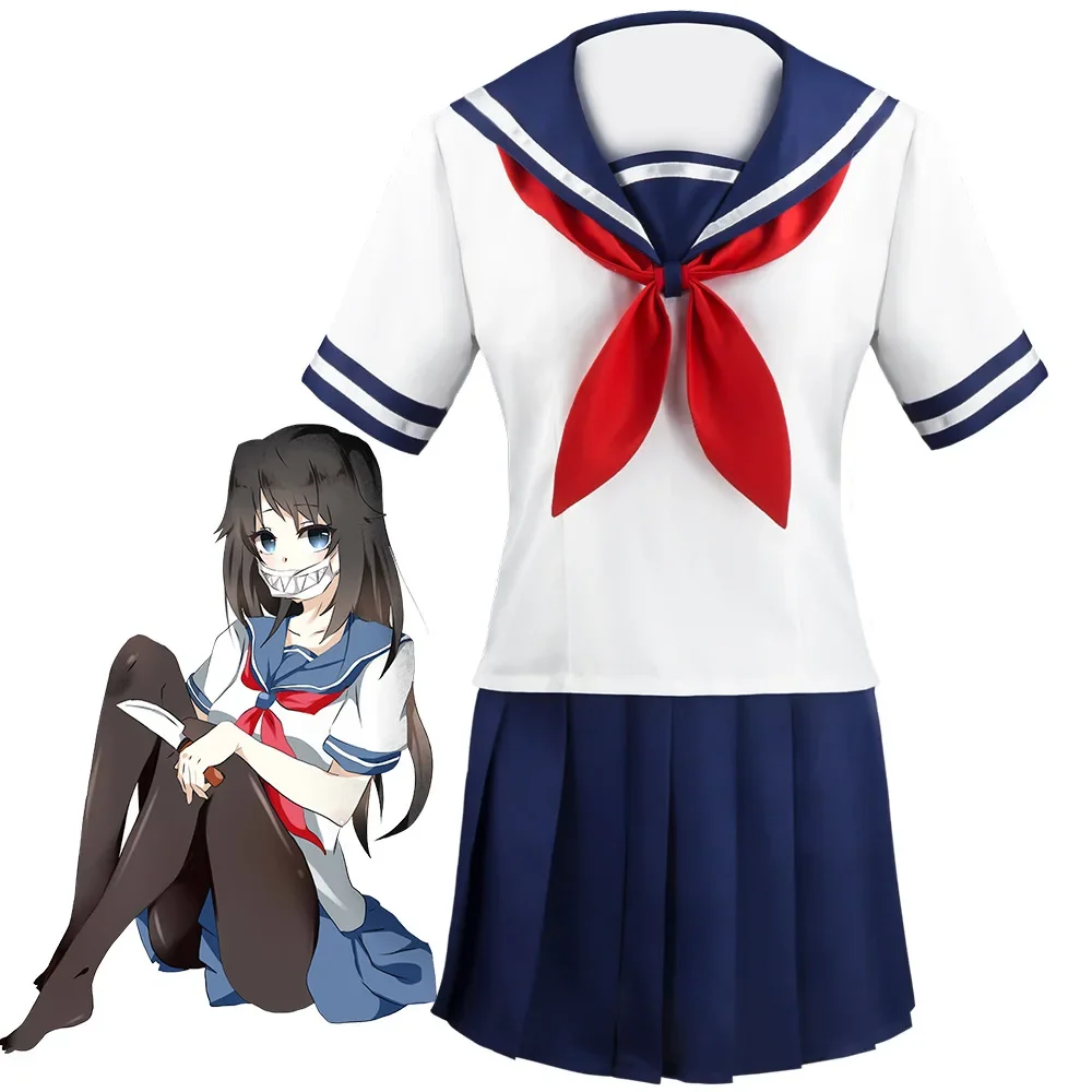 

Halloween Party Girl's Navy Blue Sailor Skirt Pantyhose Loli Black Leather Shoes Yandere Simulator Ayano Aishi Cosplay Costume