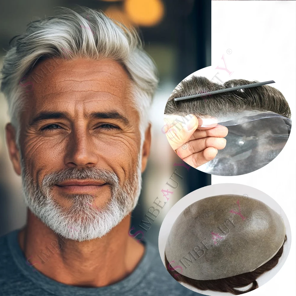 Super Thin 0.04mm Skin Mirage Full PU Men Toupee 100%Density Natural Hairline Invisible Knots 1B80# Black Grey Human Hair Prosth
