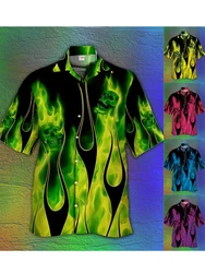 Hooshops eye-catching psychedelic hippie green flame pattern printed lapel Hawaiian fashion loose casual short sleeved shirt