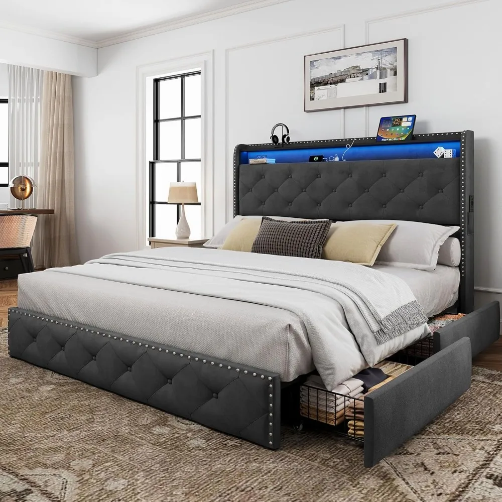 

Queen LED Bed Frame with Storage Headboard and USB Charging Station, Velvet Upholstered Platform Bed Frame with 4 Drawers,