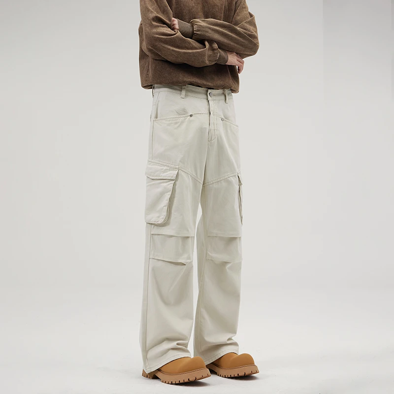 2024 New Arrival Vintage Khaki Casual Pants for Men and Women with Multiple Pockets Loose Fit Pleated Paratrooper Trousers