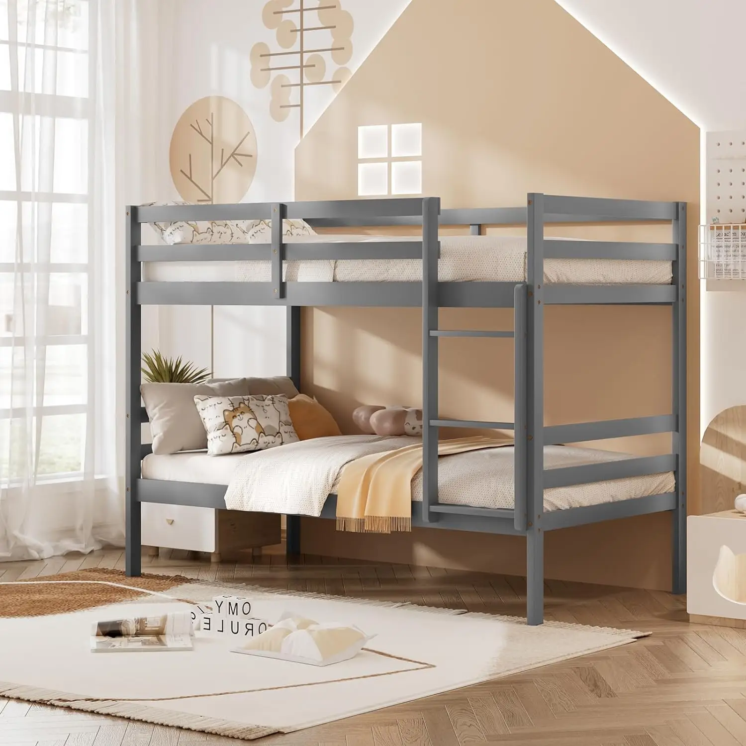 Komfott Wood Bunk Bed Twin Over, Bunk Bed dengan tangga & pengaman pagar pengaman, rangka kayu Solid, Ideal untuk asrama &