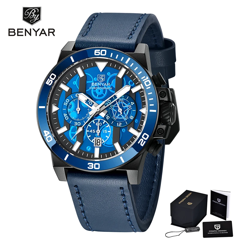 

BENYAR NEW Men's Quartz Watch 44MM LD53 Chronograph Stopwatch Stylish Casual Sports Stainless Steel Waterproof Reloj Hombre