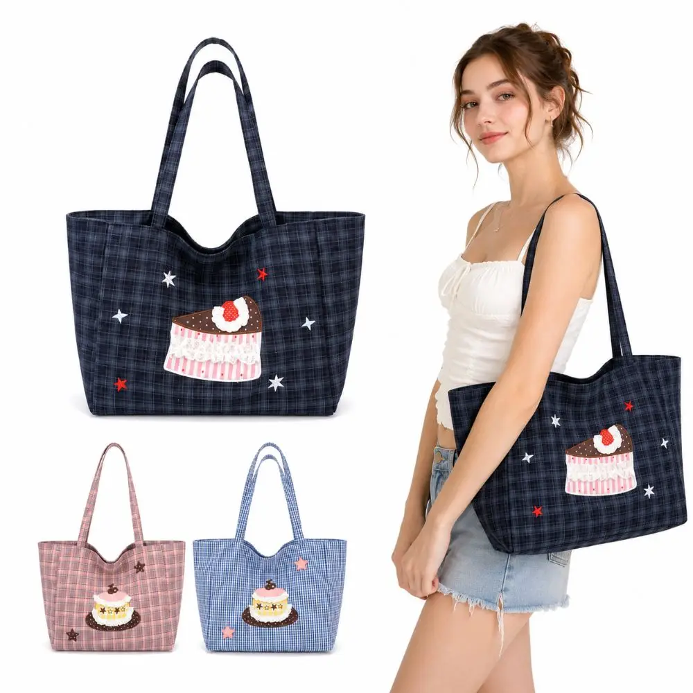 Fashion Cake Embroidery Shoulder Bag Cartoon Versatile Crossbody Bag Large Capacity Plaid Pattern Handbag Commuting Tote Bag
