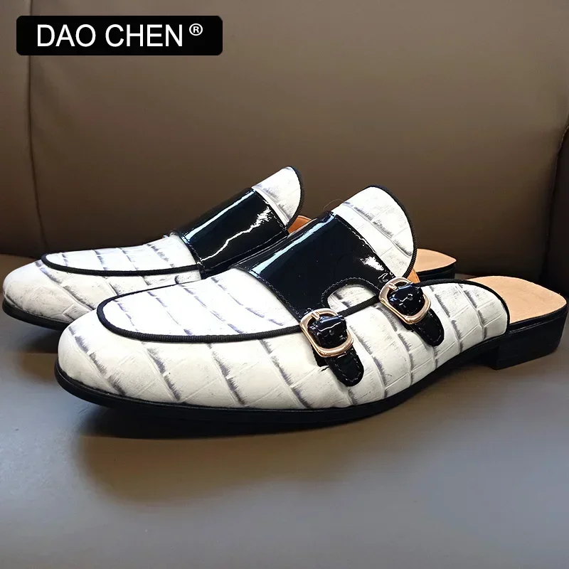 LUXURY BRAND MEN\'S MULES HALF SHOES WHITE CROCODILE PRINT CASUAL DRESS MAN SHOE SUMMER COMFORTABLE LEATHER SHOES FOR MEN