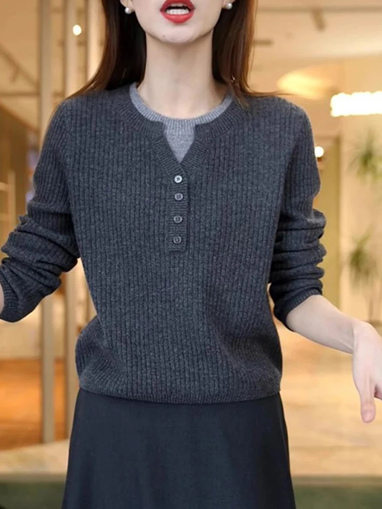 

Осенне-зимний новый вязаный свитер с круглым вырезом из двух частей для женщин, облегающий шерстяной базовый свитер, теплый и толстый топ