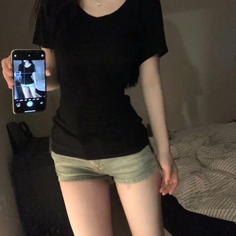 Women Summer V-Neck Slim Fit Short Sleeve T-Shirt Lady Student Hot Girl High-Waist Short Top Woman Slimming Casual Sports Shirt