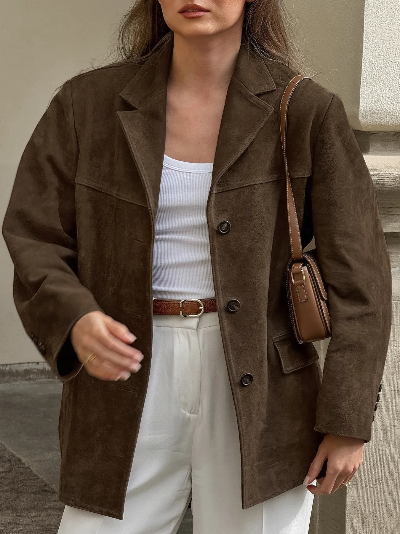 

Women's Blazer Suede Jacket Spring 2025 Outerwears Brown Long Sleeve Blazer Vintage Solid Fitted Coat Old Money Jackets