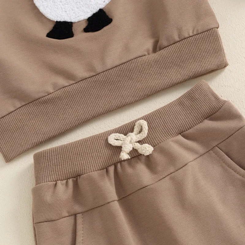 Newborn Baby Boy Pants Sets 2Pcs Fall Clothes Long Sleeve Goose Embroidery Pullover + Solid Pants Set Toddler Baby Clothing