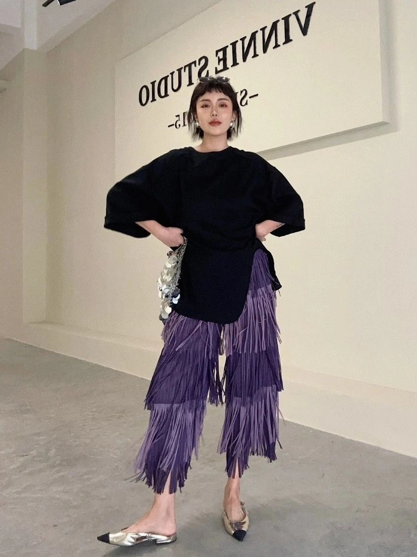 

High Waist Wide Leg Tassel Pants Women's Summer New Style Nine Points Slimming Folded Casual Pants Retro Commute Style