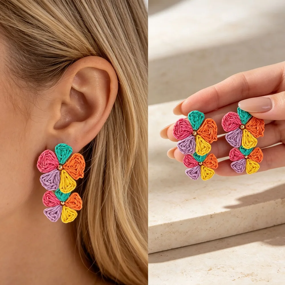 Bohemian Aesthetic Rattan Raffia Flower Drop Earrings Handmade Jewelry for Women Daily Beach Vacation Party Accessories