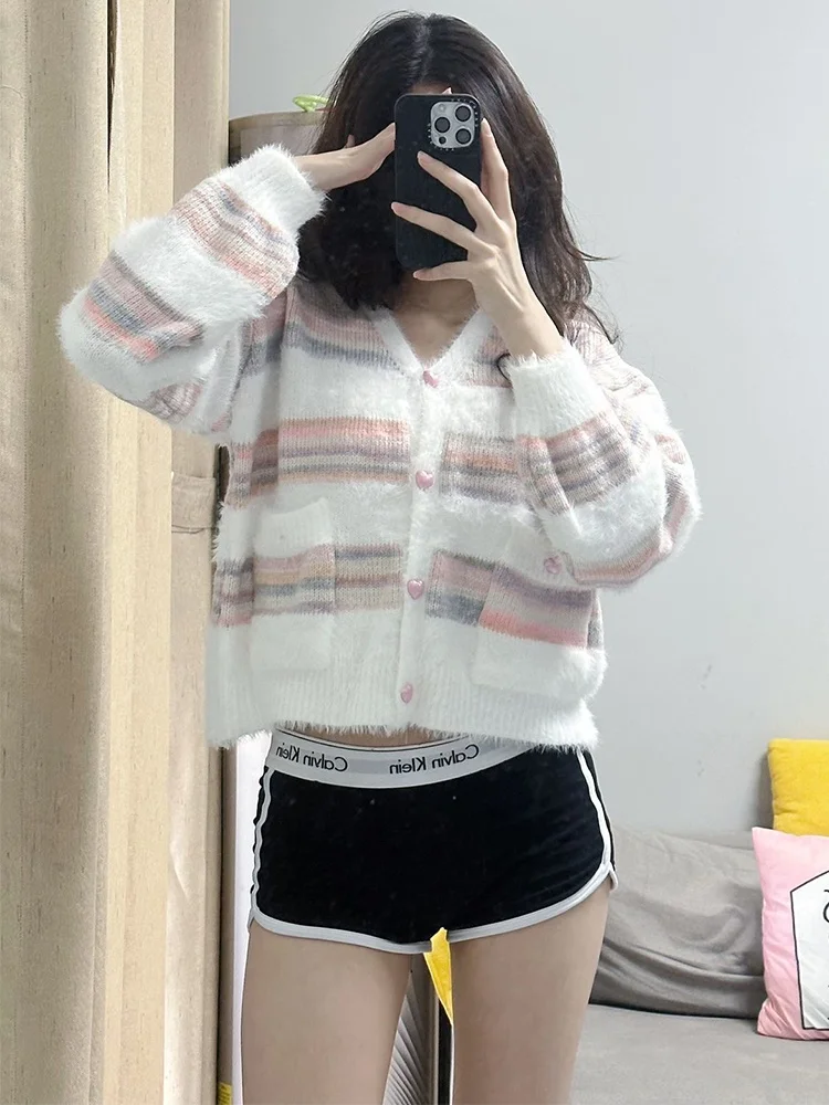 

Женский вязаный кардиган KING BRAND с V-образным вырезом, в радужную полоску, маленький размер, весна-осень, серия Cute Milk