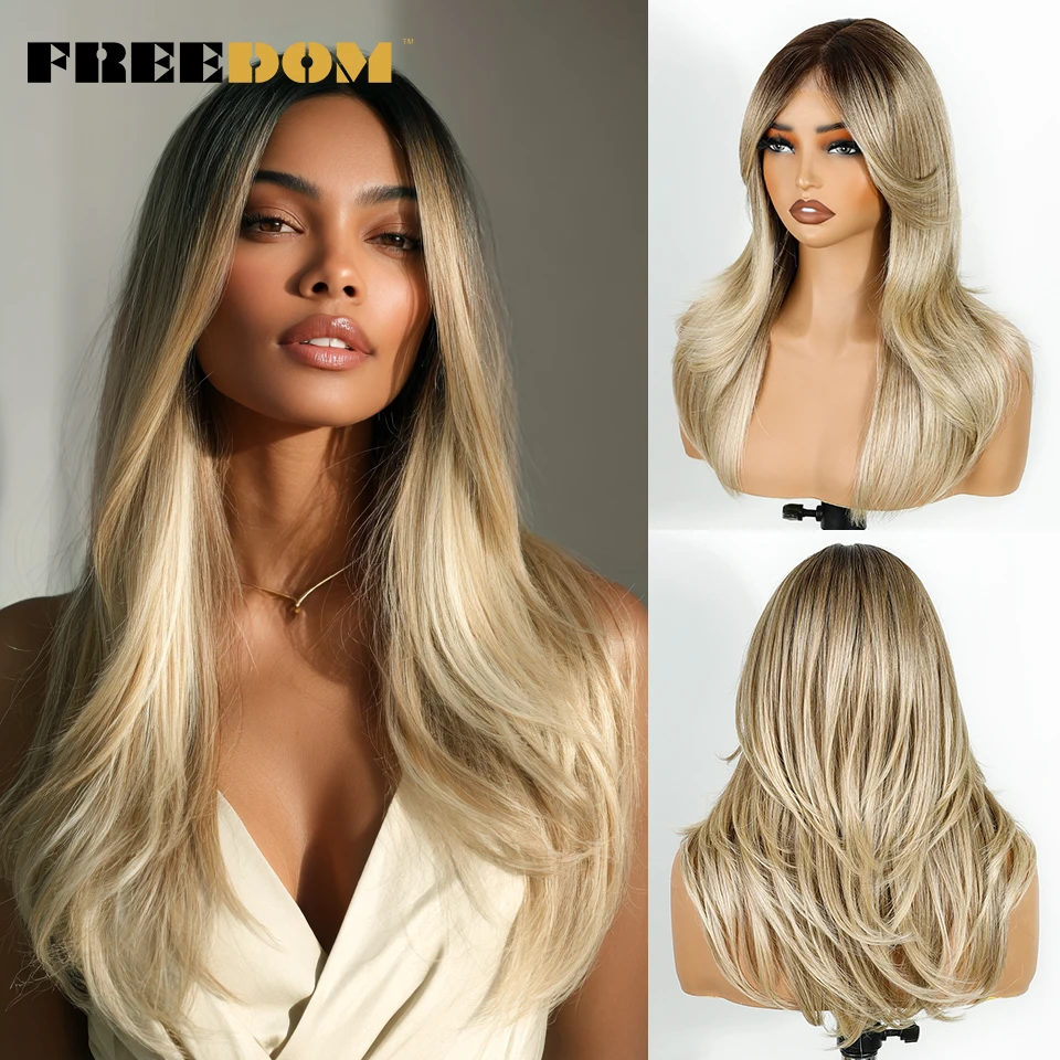 الاصطناعية الدانتيل شعر مستعار أمامي 20 بوصة الطبقات شعر مستعار مستقيم مع الانفجارات أومبير شقراء براون الباروكات للنساء شعر مستعار تأثيري الاصطناعية #1