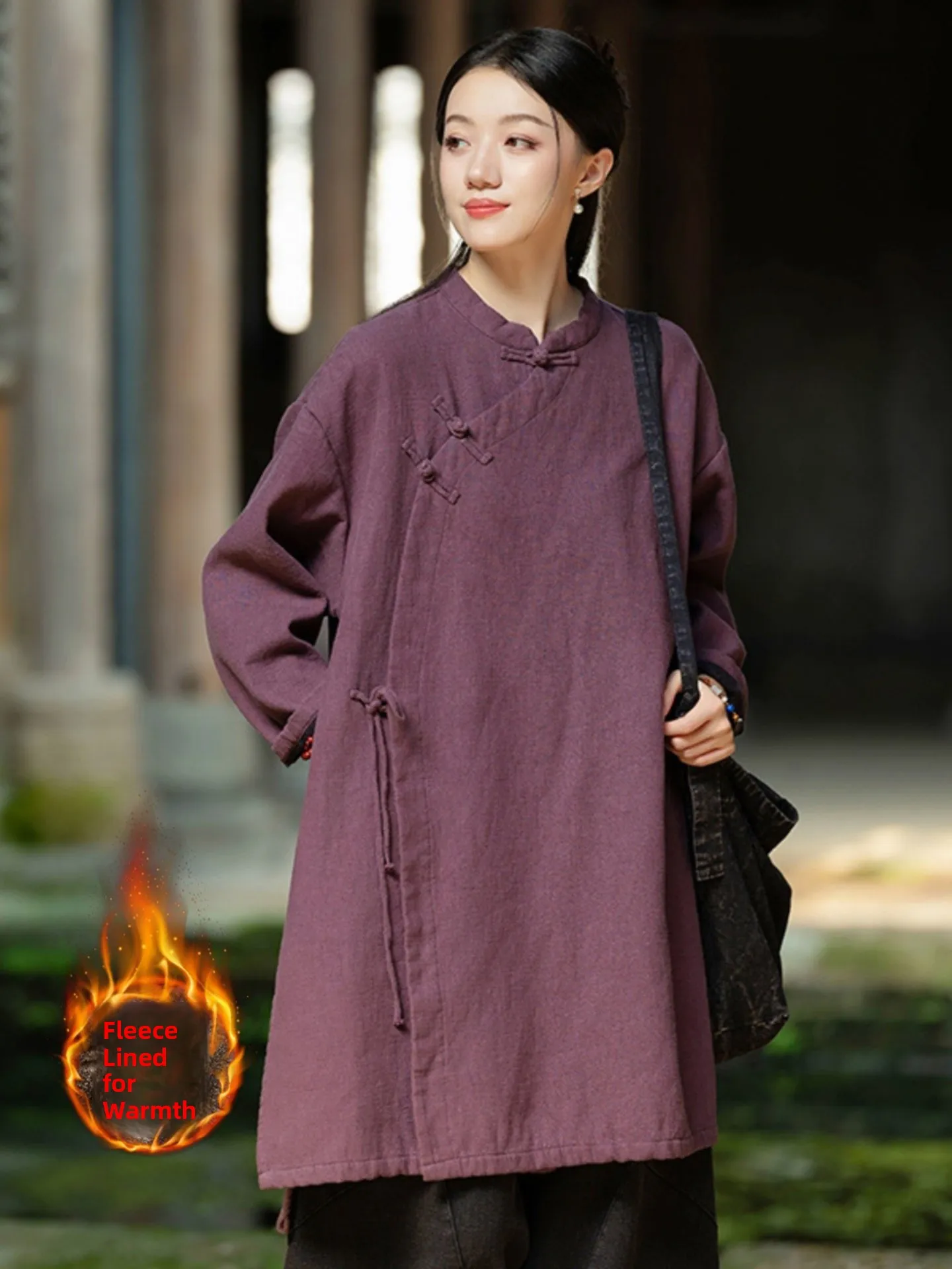 Thickened Cotton Linen Tea Ceremony Women's Coat Vintage Style Button up Warmth Guaranteed Long Sleeve Stand Collar Jacket