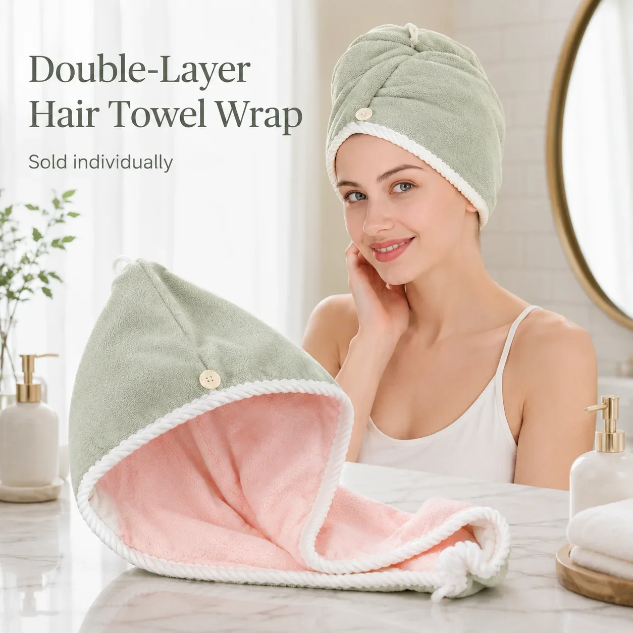 Double Layer Coral Fleece Hair Drying Cap for Women Absorbent Hair Towel Wrap Button Turban Soft Bath Head Towel for Bathroom
