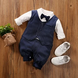 Newborn Clothes Handsome Gentleman Striped Vest Suit Cotton Comfortable And Soft SpringAndAutumn Long Sleeved 0-18 Baby Jumpsuit