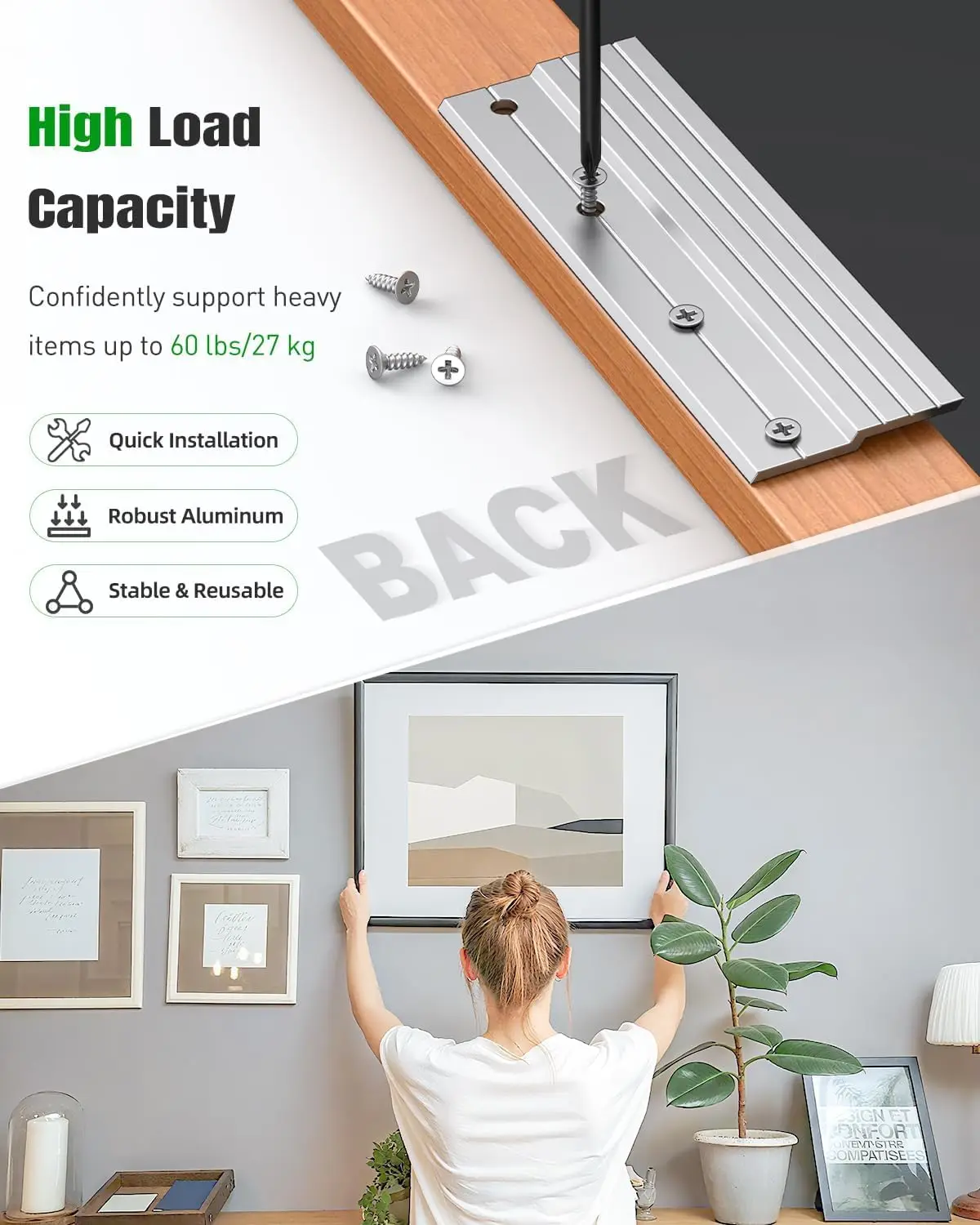 2Pairs Aluminum French Cleat Picture Hanging Kit, Z Clip Wall Bracket with Screws Anchors Level for Mirror Frame Shelf