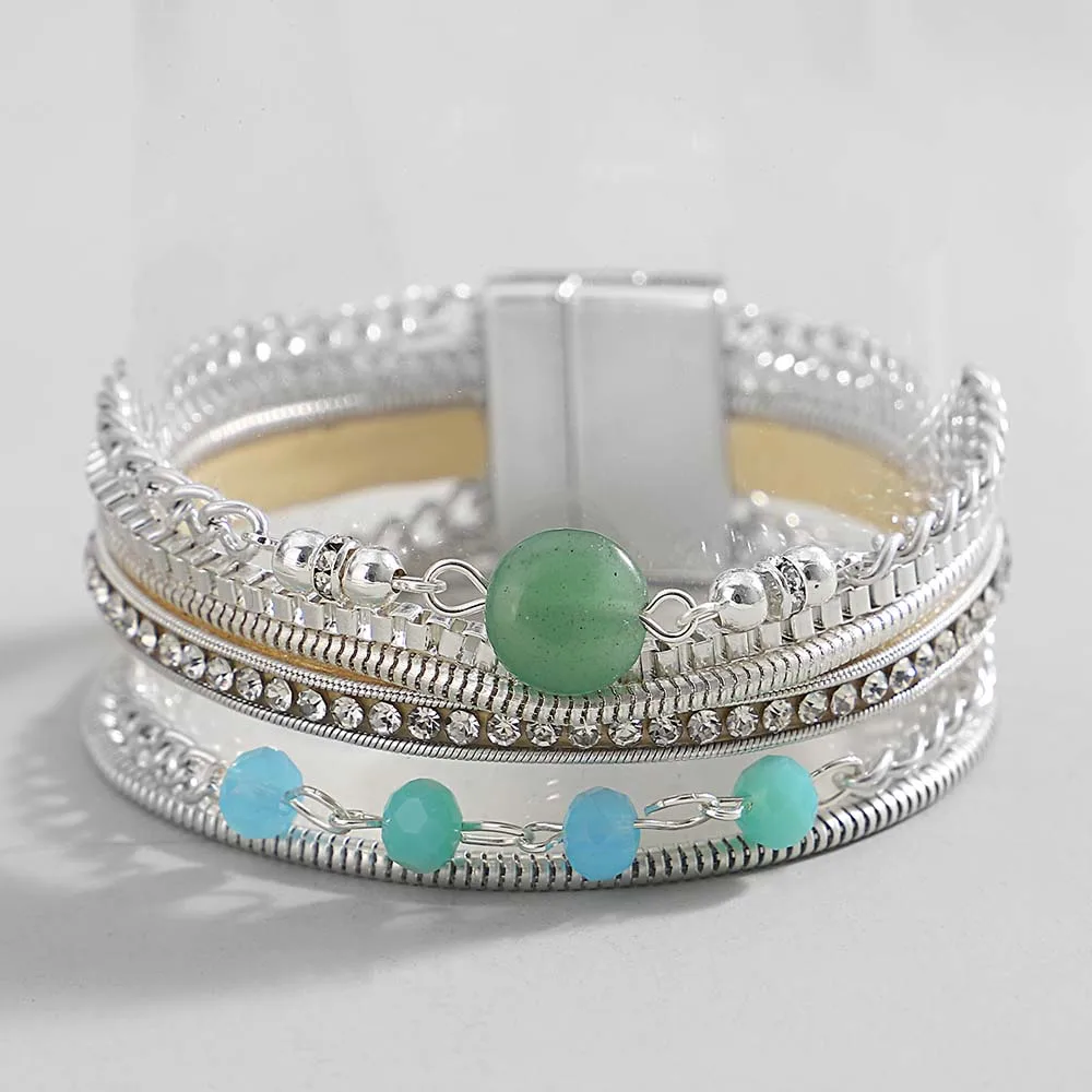กำไลข้อมือหินสีเขียวสไตล์โบฮีเมียนสำหรับผู้หญิงสร้อยข้อมือหัวเข็มขัดแม่เหล็กรูปงูหลากสีประดับคริสตัลแนววินเทจ