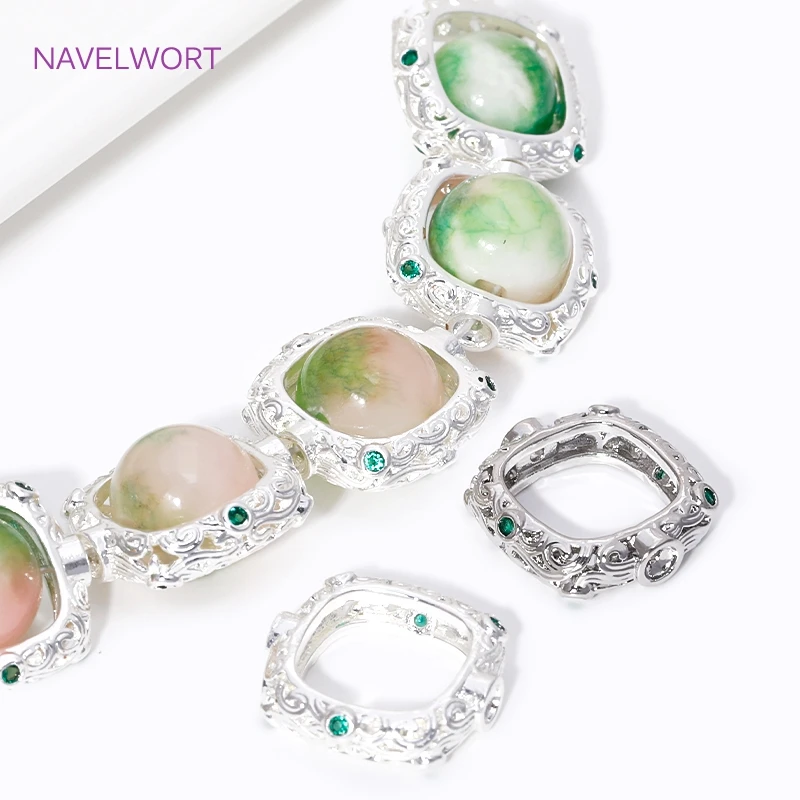 18K Gold Plated Square Frame Beads Connector,with Zircon Through Hole Bead,For DIY Bracelet/Necklace Jewelry Making Supplies
