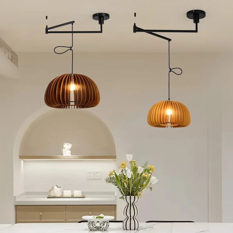 Japanese Retro Pumpkin Pendant Lights Bamboo and Woods Material Restaurant Bedroom Living Room Dining Table Swing Arm Chandelier