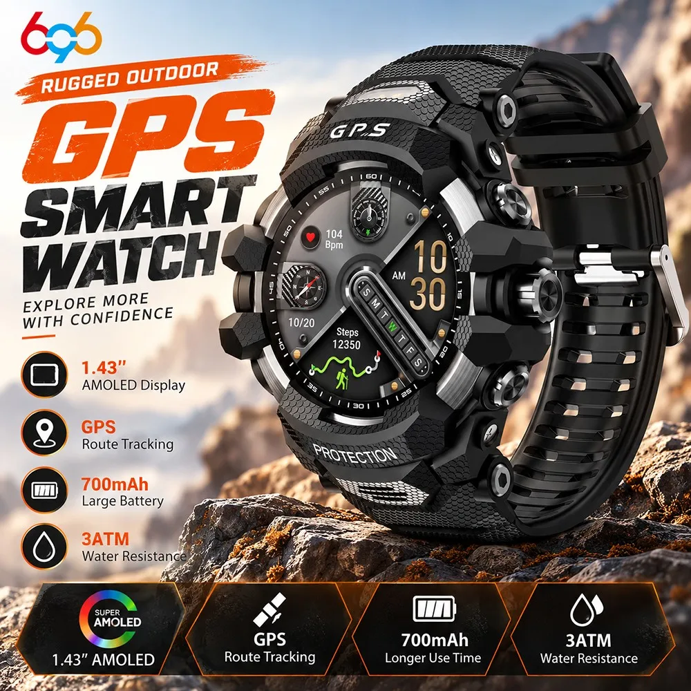 Outdoor GPS Smartwatch  AMOLED Display  Compass  Local Music  LED Flashlight  Health Tracking  Waterproof for Sports