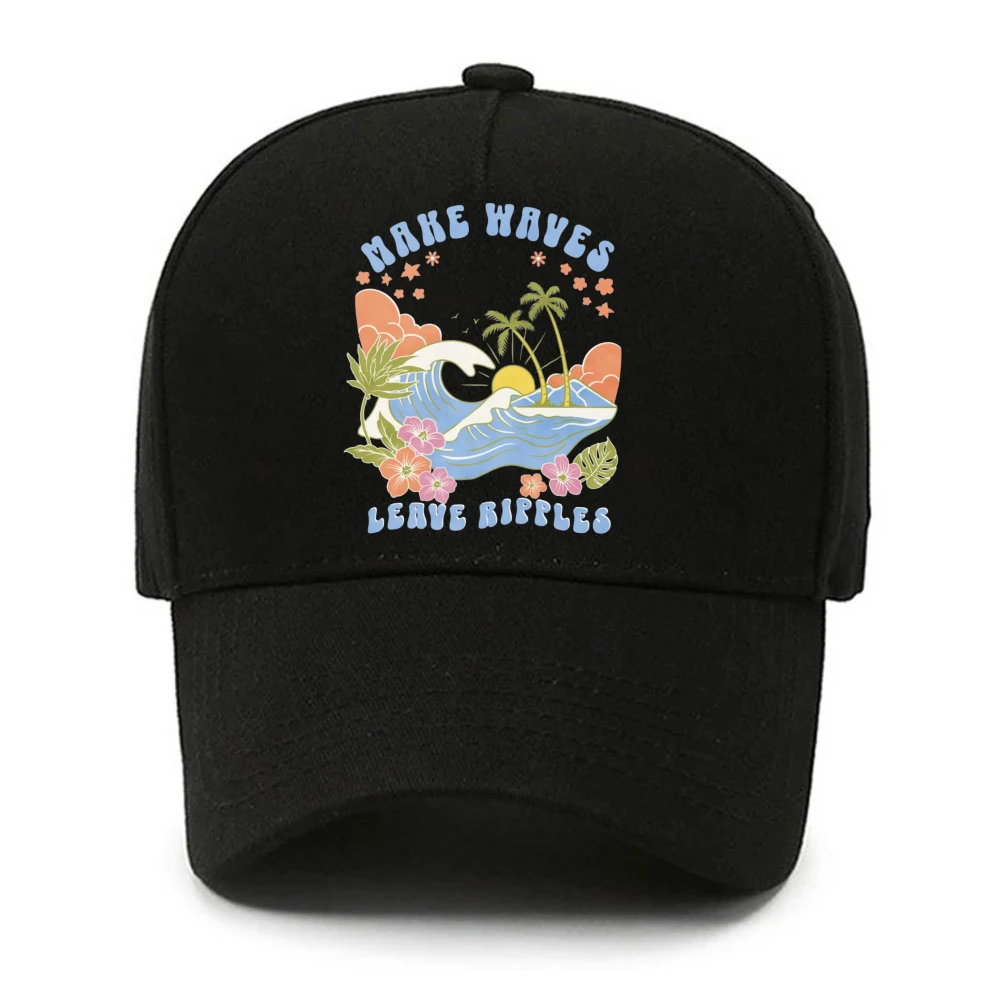Make Waves Tropical Palm Hibiscus Retro Graphic Baseball Cap Unisex Vintage Beach Surf Print Cotton Adjustable Hat