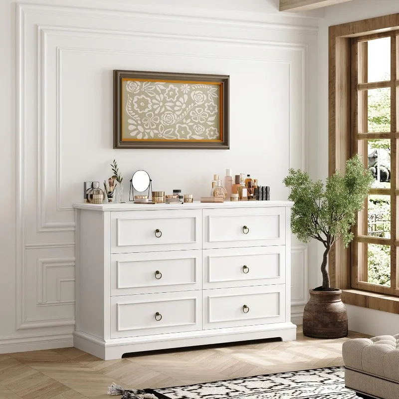 Dresser for Bedroom with 6 Drawers, Chest of Drawers, Wide Wood Double Dressers, Modern Farmhouse Storage Dresser