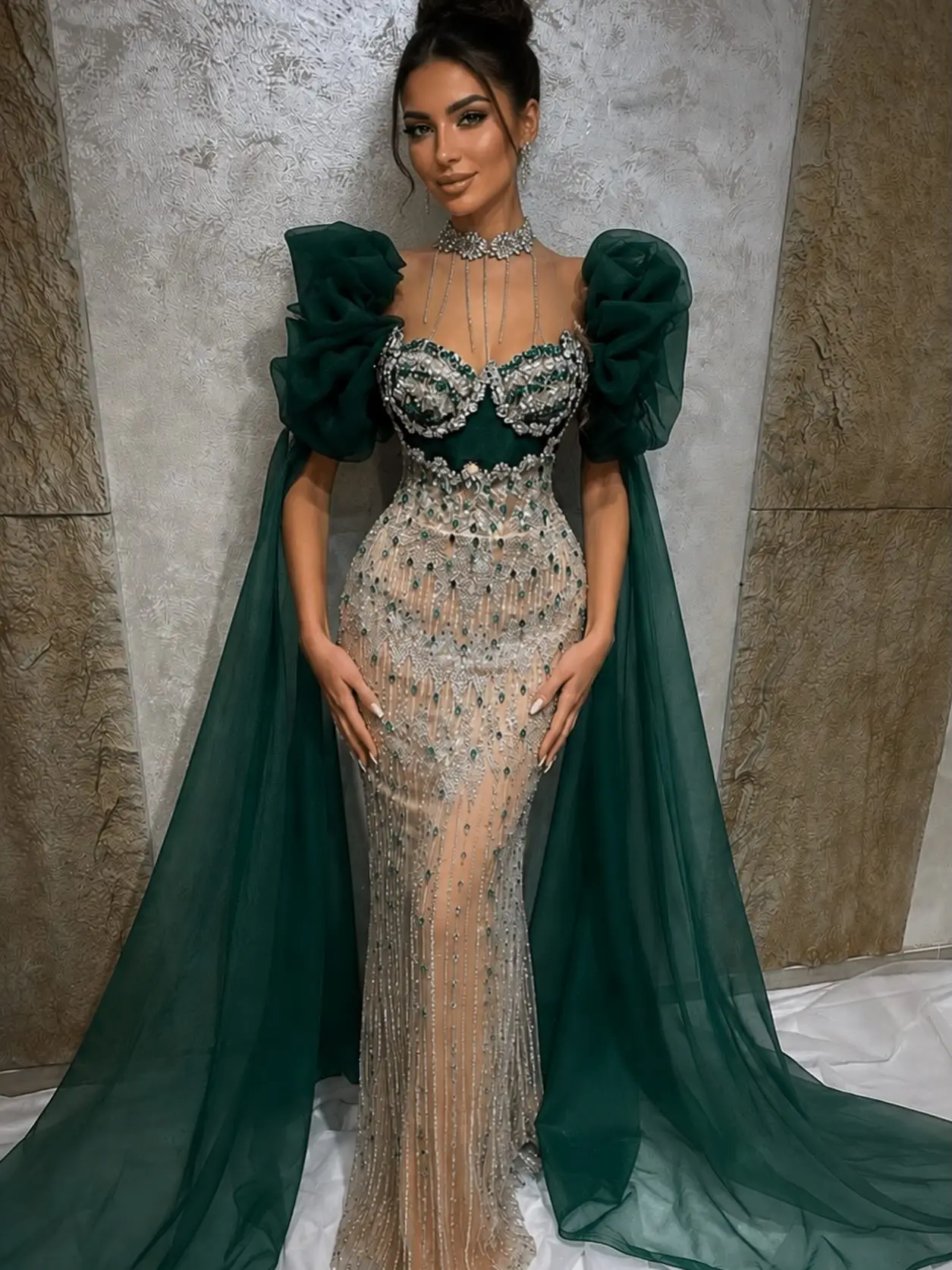 

Gorgeous Green Mermaid Celebrity Dresses 2026 Customized Long Cape Sleeve Robe Women's Prom Dress Crystals Beading Evening Gowns