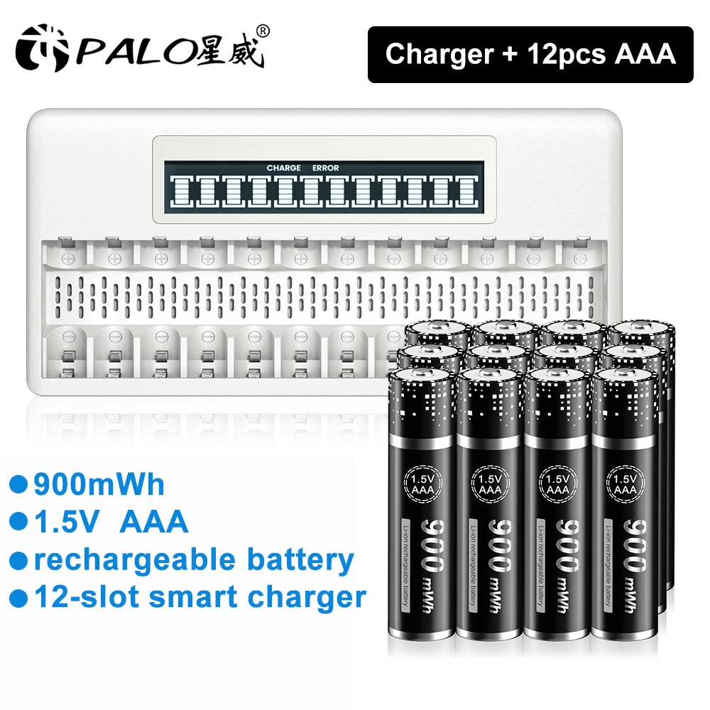 PALO 1.5V AAA Lithium ion Battery 900mWh AAA Rechargeable Battery with 12 Slot Intelligent Fast Charger