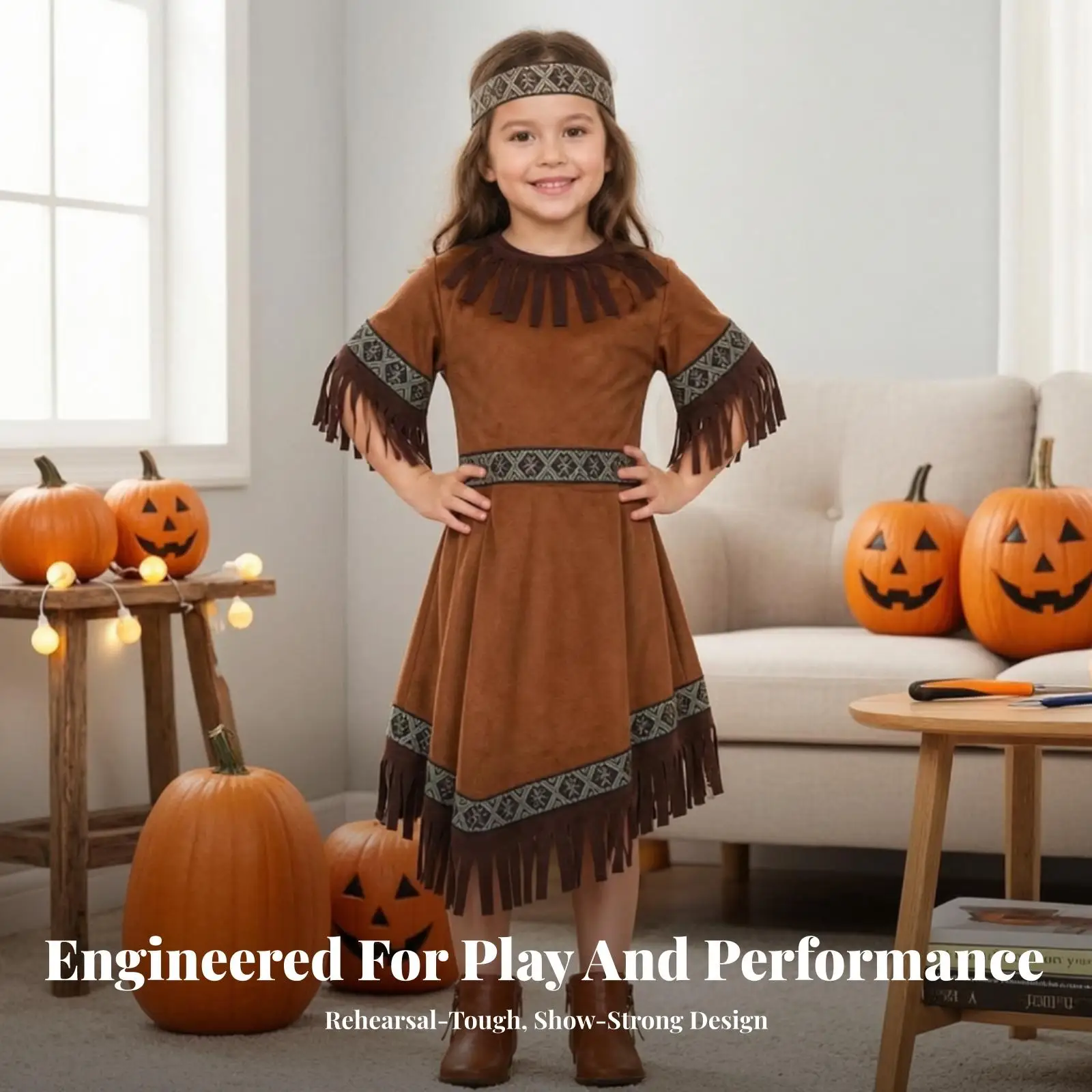 Fringe Dress for Kids Tribal Print Suede Costume with Headband for Role Play Party