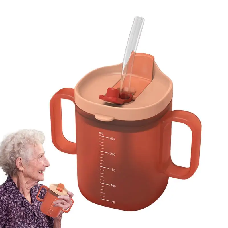 300ml Elderly Water Cup Unspillable Cup with Handles Drinking Cup Water Bottle  Feeding Cup with Lid and Straw for Patients