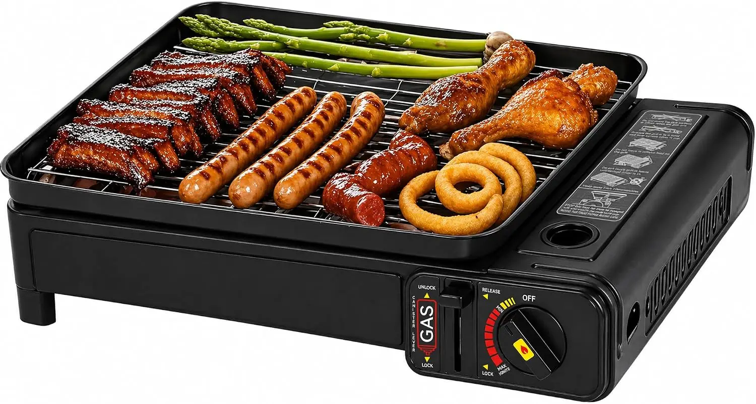 Dual Fuel Portable Butane Gas BBQ Grill Stove with Carrying Case and Stainless Steel Cooking Grate