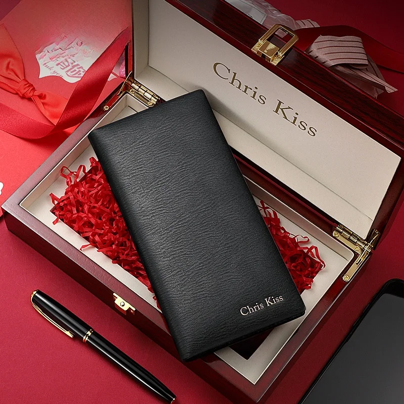 Luxury Men's Long Wallet Top Layer Cowhide Genuine Leather Chris Kiss Brand Leather Money Clip High End Men's Wallet