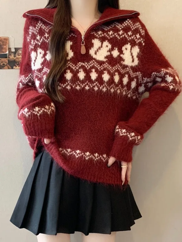 

Red Long Sve Knitted Sweater Zipper Collar Women's plus Size Autumn Winter Warm Soft Polyester Casual Faion Top