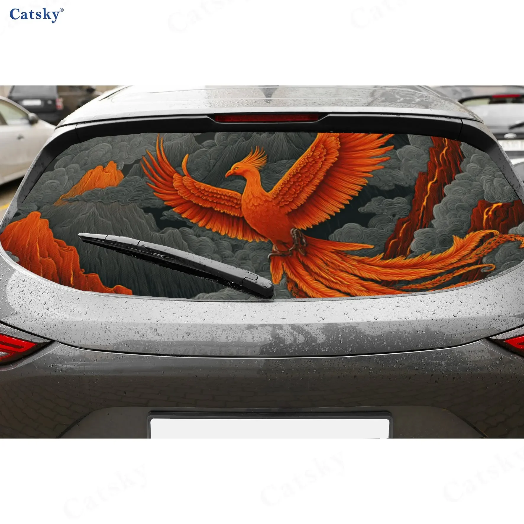 Mythical Phoenix Flame Majesty PVC Perforated Car Vinyl Wraps, Durable Car Rear Windshield Sticker, Waterproof Car Rear Window D