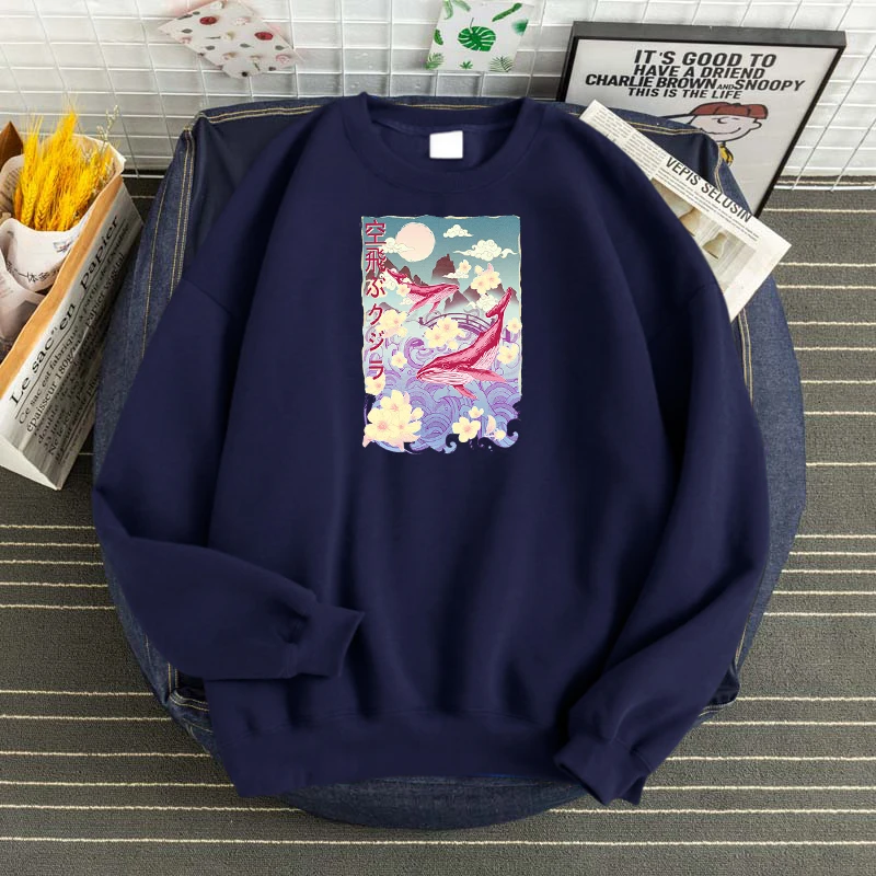 Whale Fantasy World Japanese Style Print Hoodies Soft Brand Clothes Thermal Vintage Men'S Sweatshirt Oversize Soft Mens Hoodie