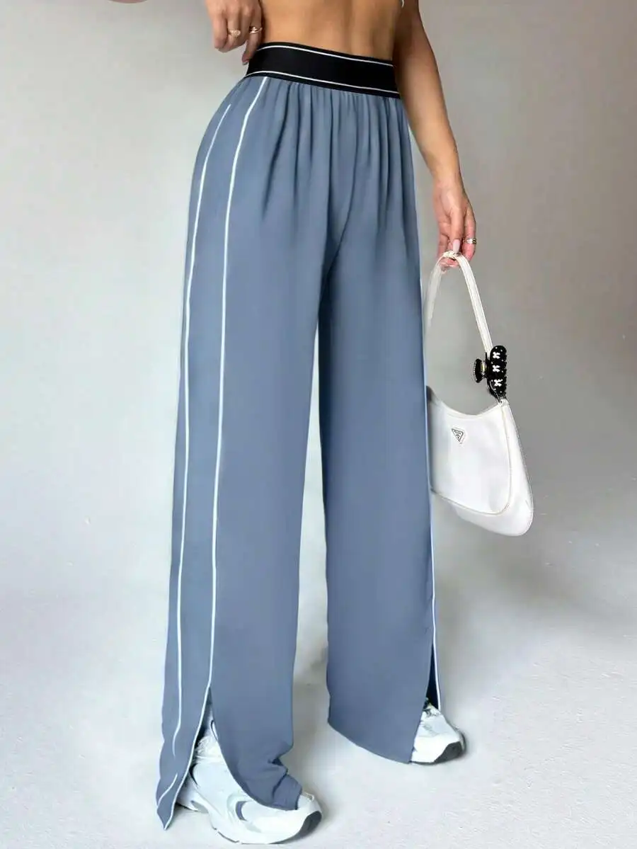 

Women Loose Fit Wide Leg Pants With Striped Contrast Elastic Waist For Casual Sport Yoga