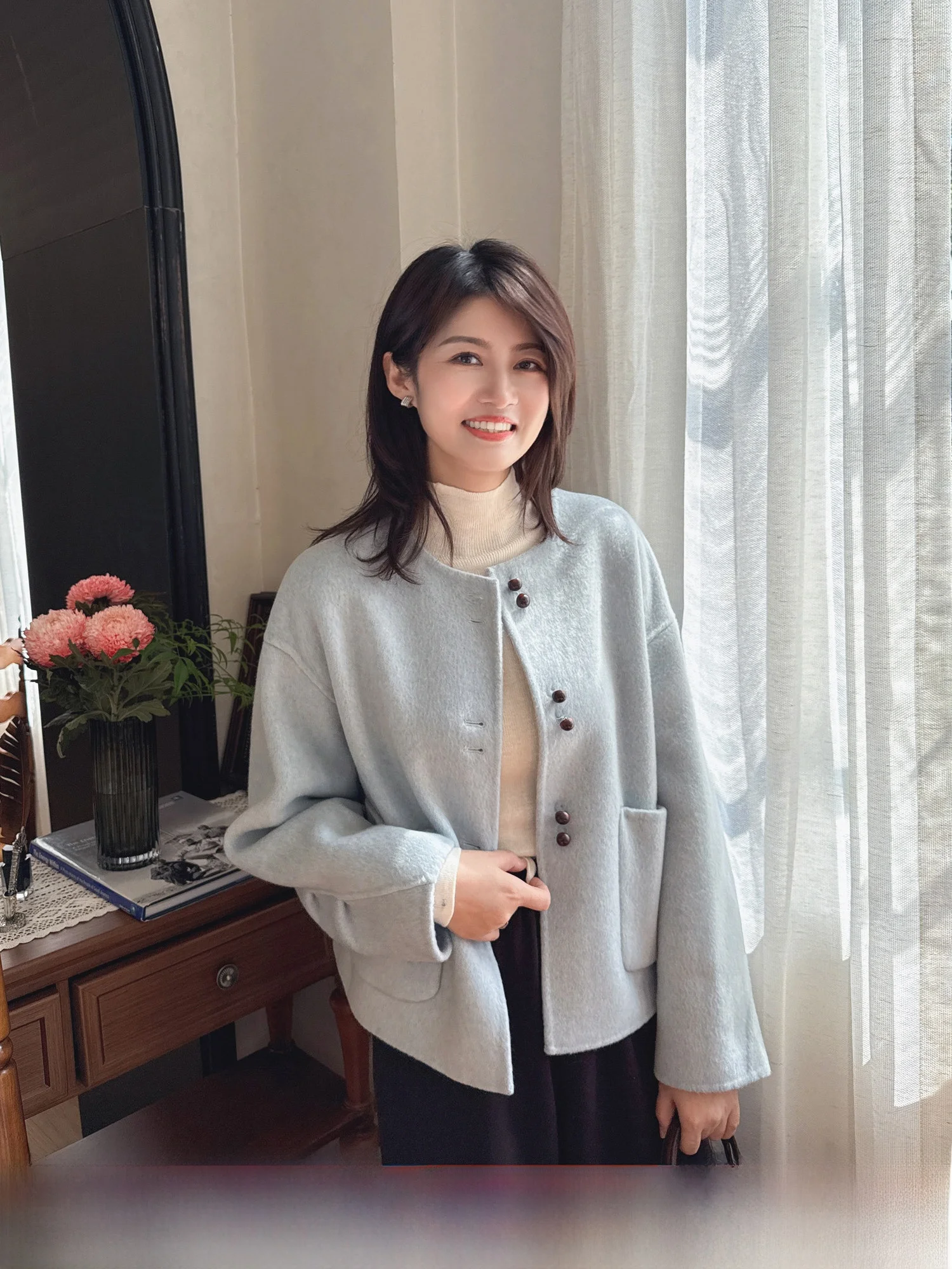 

Zillal Korean Sle ort Double-Faced Woolen Coat Women's Loose Fit Button Design Musoom Dance Pattern Outerwear Jaet