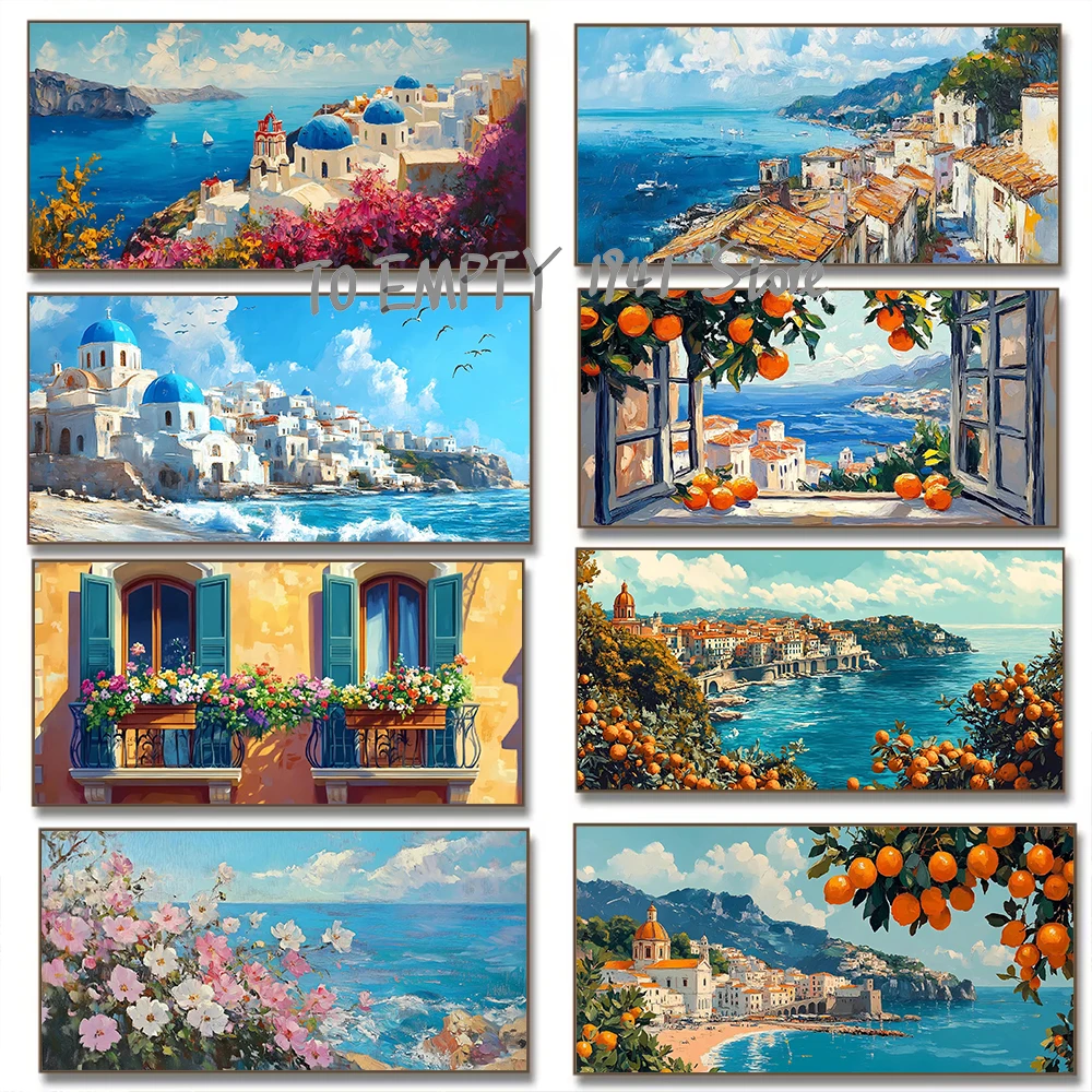 عرض ساحلي للبحر منظر طبيعي جميل ملصق كبير الحجم جدار ديكور سانتوريني ساحلي قماش يطبع جمالي جدار الفن الديكور #1