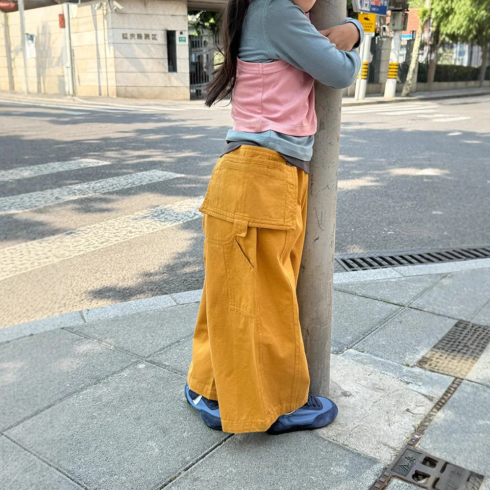 

2025 Autumn New Girls' Big Pocket Cargo Trousers with Detachable Small Bag for Boys and Girls
