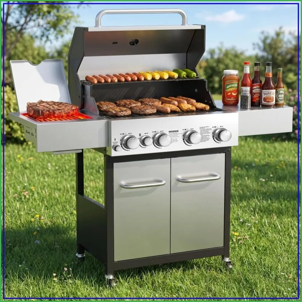 4 Burner Gas Grill with 1 Infrared Side Burner & Steel Grates for Outdoor Cooking