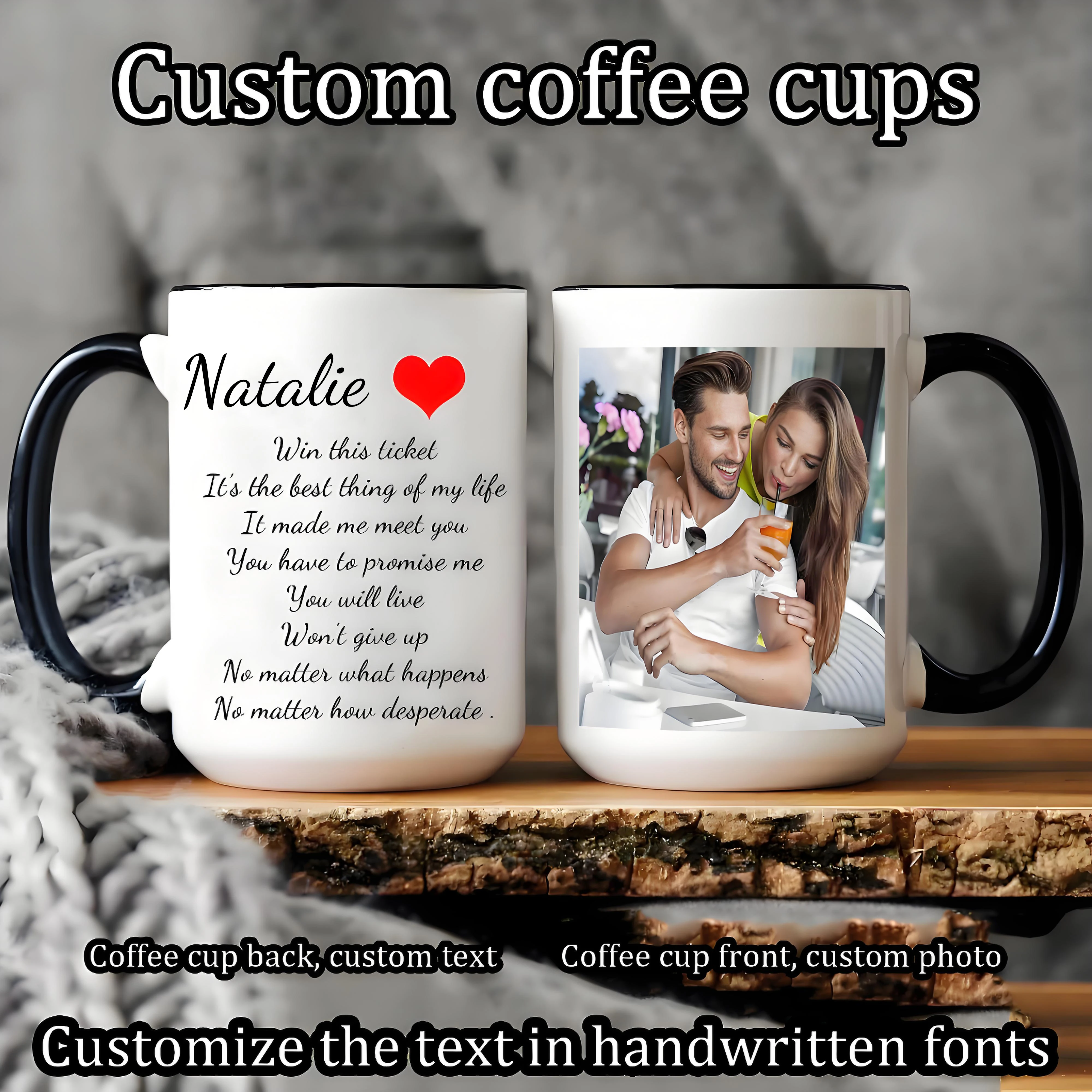 

Custom coffee mugs, personalized lyrical text/photo design, unique creative drinkware, suitable for wedding anniversary gifts.
